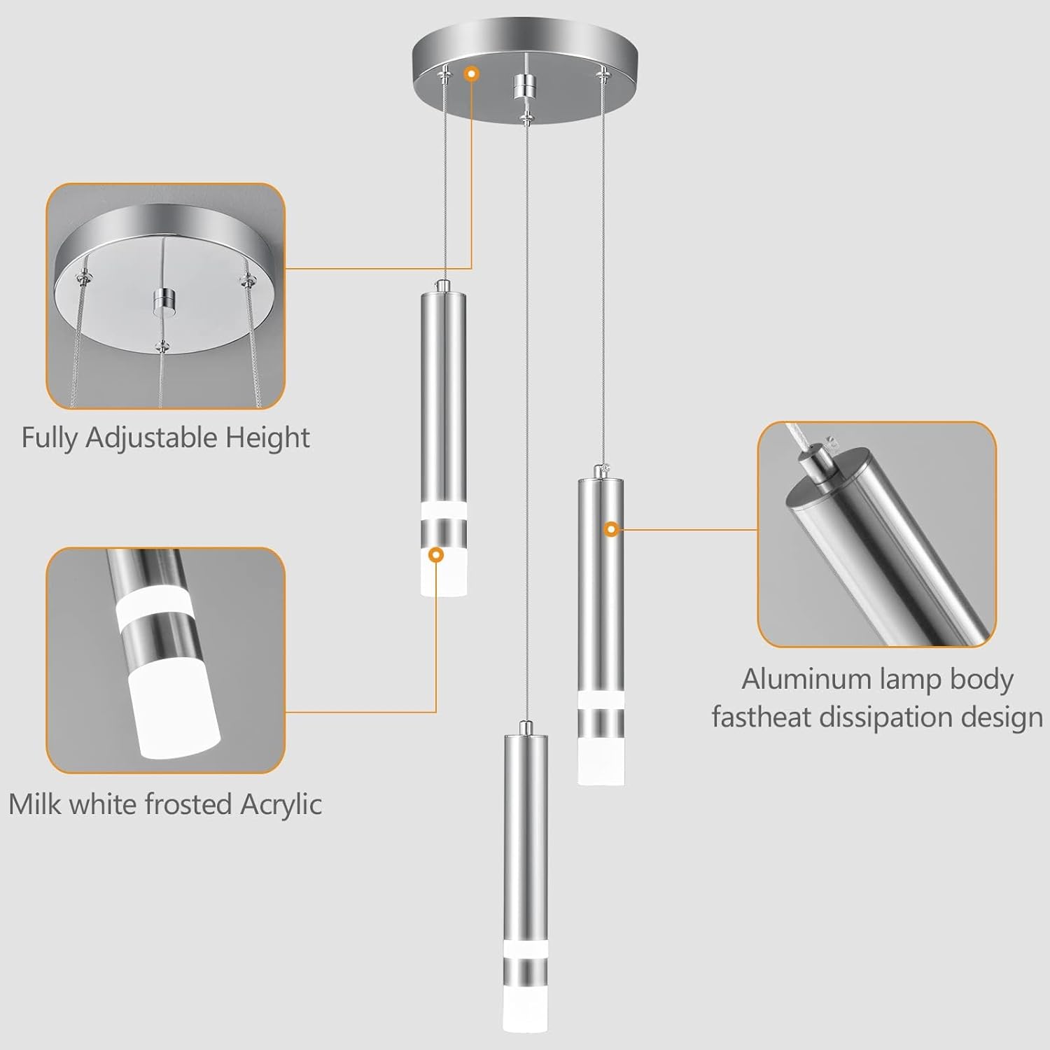 Modern Pendant Light Kitchen Fixture Dimmable LED Chrome Mini Pendant Lighting fo Kitchen Island Bedroom Bedside Table Small Pendant Lights (3-Light)