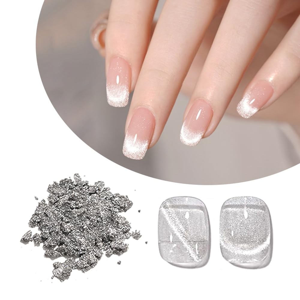 Cat Eye Chrome Nail Powder, Chrome Powder for Gel Nails Polish, Silver Cat Eye Effect Pigment for DIY Nail Art Design Decoration (Silver, M)