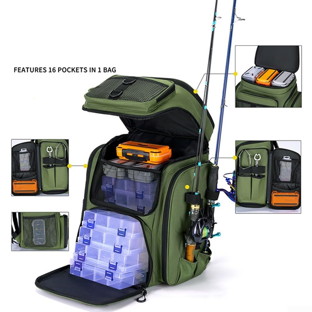 Zaino da pesca di grande capacità con porta canna e comode tracolle, progettato per attività all'aperto, tra cui pesca ed escursionismo (verde)