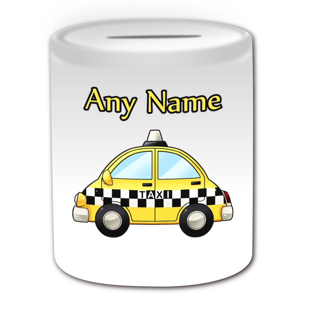 Unigift White Personalised Gift - Yellow Taxi Money Box (Transport Design Theme, ) - Any Name / Message On Your Unique - Saving Piggy Bank - Hackney Carriage Hack Vehicle Automobile Remise Driver Private Public Hire Uber Cab Taxicab