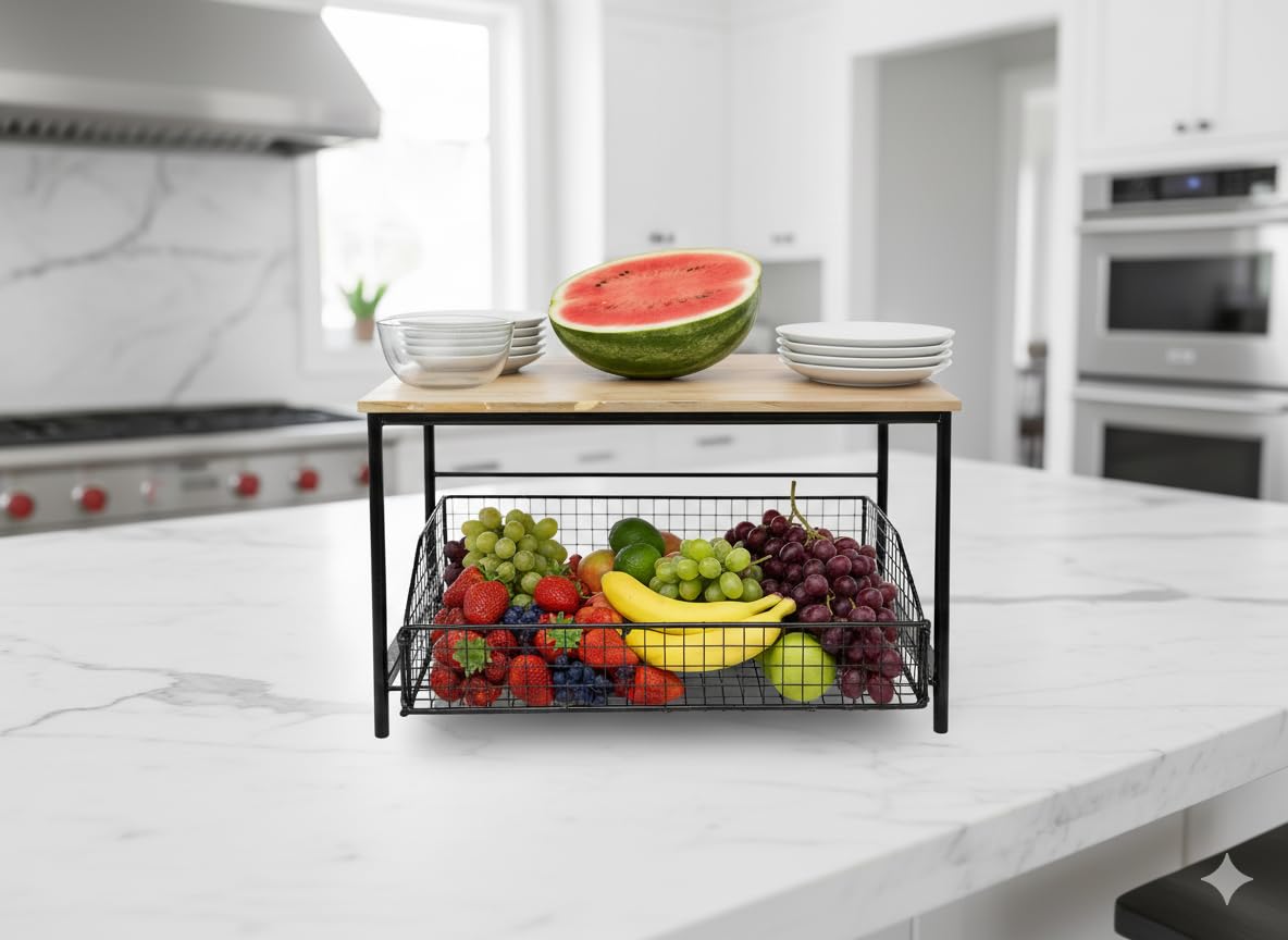 Estantería de Cocina, con Cesta Extensible, Organizador de Cocina, Almacenamiento, Soporte microondas, Electrodomésticos, Soporte Cafetera, articulos de Cocina, Estante encimera.