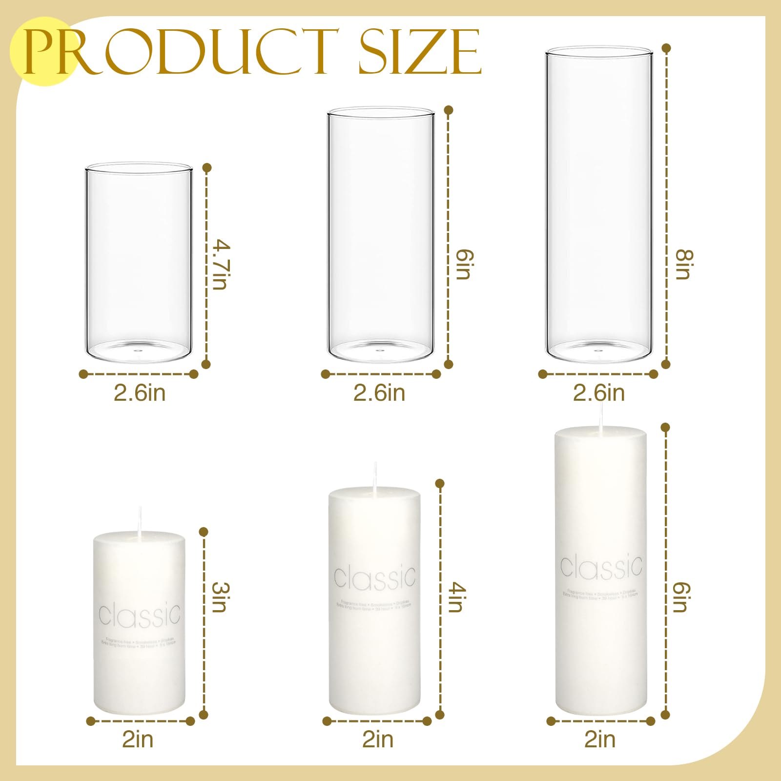 KZITLFE 36 Pcs Pillar Candles and Glass - Wedding Candles for Tables?2.6'' X 4.7'', 6'', 8'' White Pillar Candles Bulk in Glass for Weddings, Parties, Dinners Decorative(18 Set)