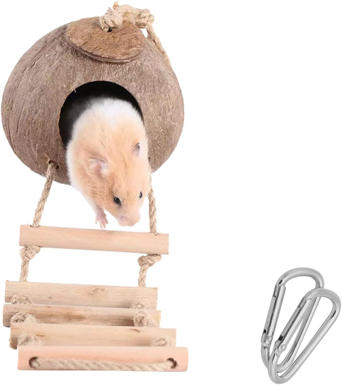 Seaokais Coconut House with Wooden Ladders,2 Aluminum Carabiners Clips Included