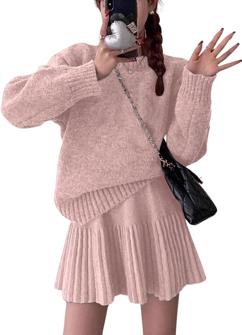 CHARTOU Women Sweater Skirt 2 Pieces Outfits Oversized Pullover Sweater and Pleated Mini Skirt