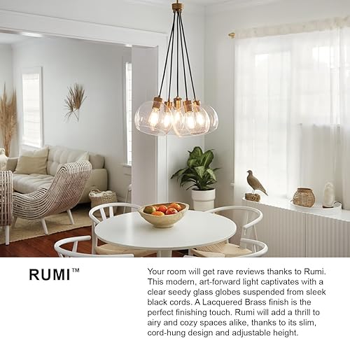 Miniatura 9 de Lark Rumi - Lámpara de araña colgante de 22.0 in, altura ajustable, fácil de limpiar, cinco orbes de vidrio transparente - en latón lacado