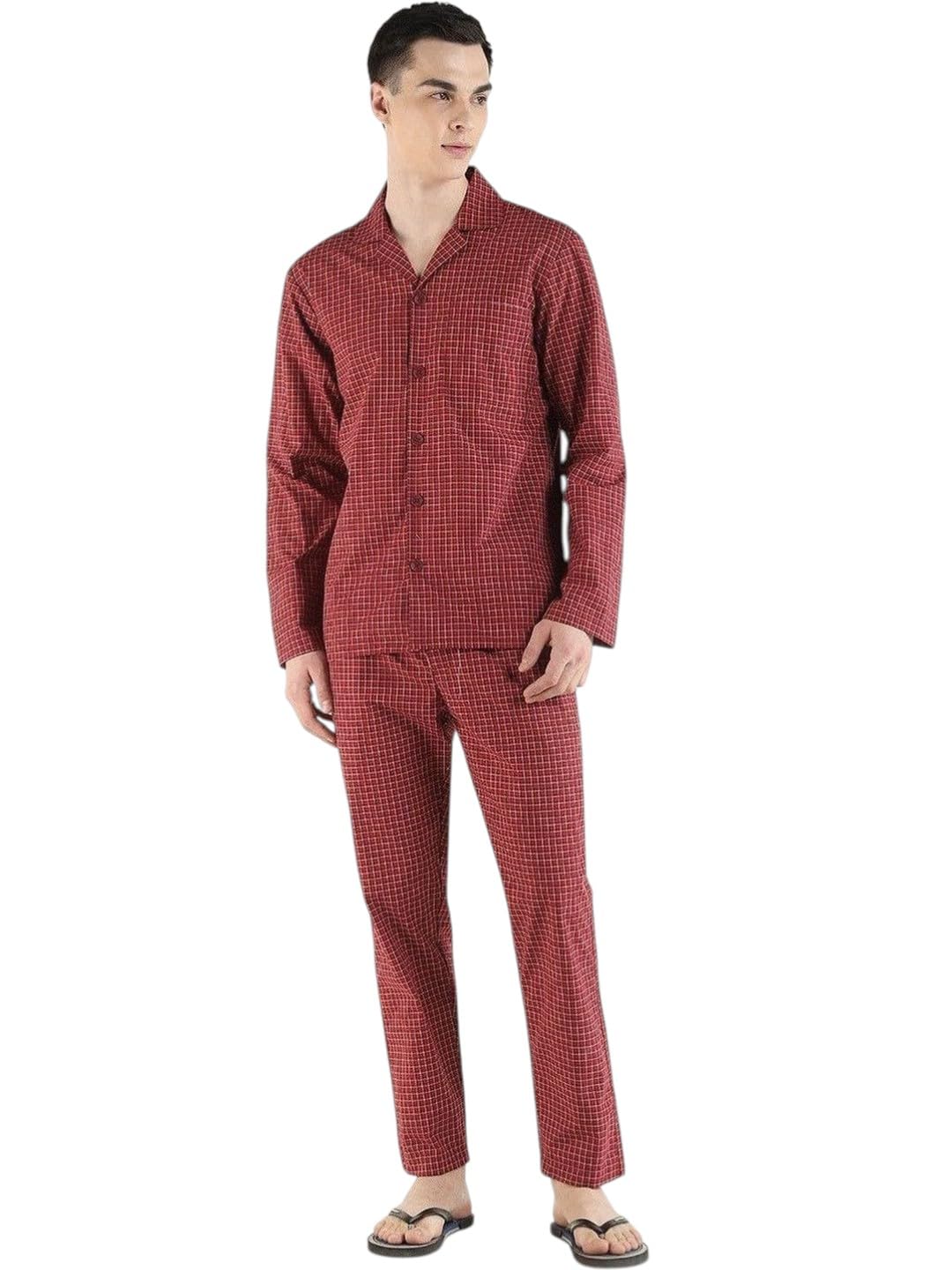 hancock Men Red Checked Pure Cotton Relaxed Fit Night Suit-picture-11