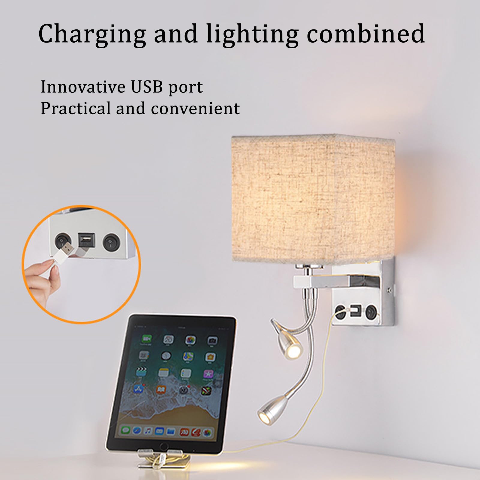 E27 Lampa ścienna z portem ładowania USB Nowoczesna oprawa ścienna z regulowanym reflektorem łabędzia szyjka lampka nocna oświetlenie ścienne podwójne przełączniki do sypialni, salonu, hotelu