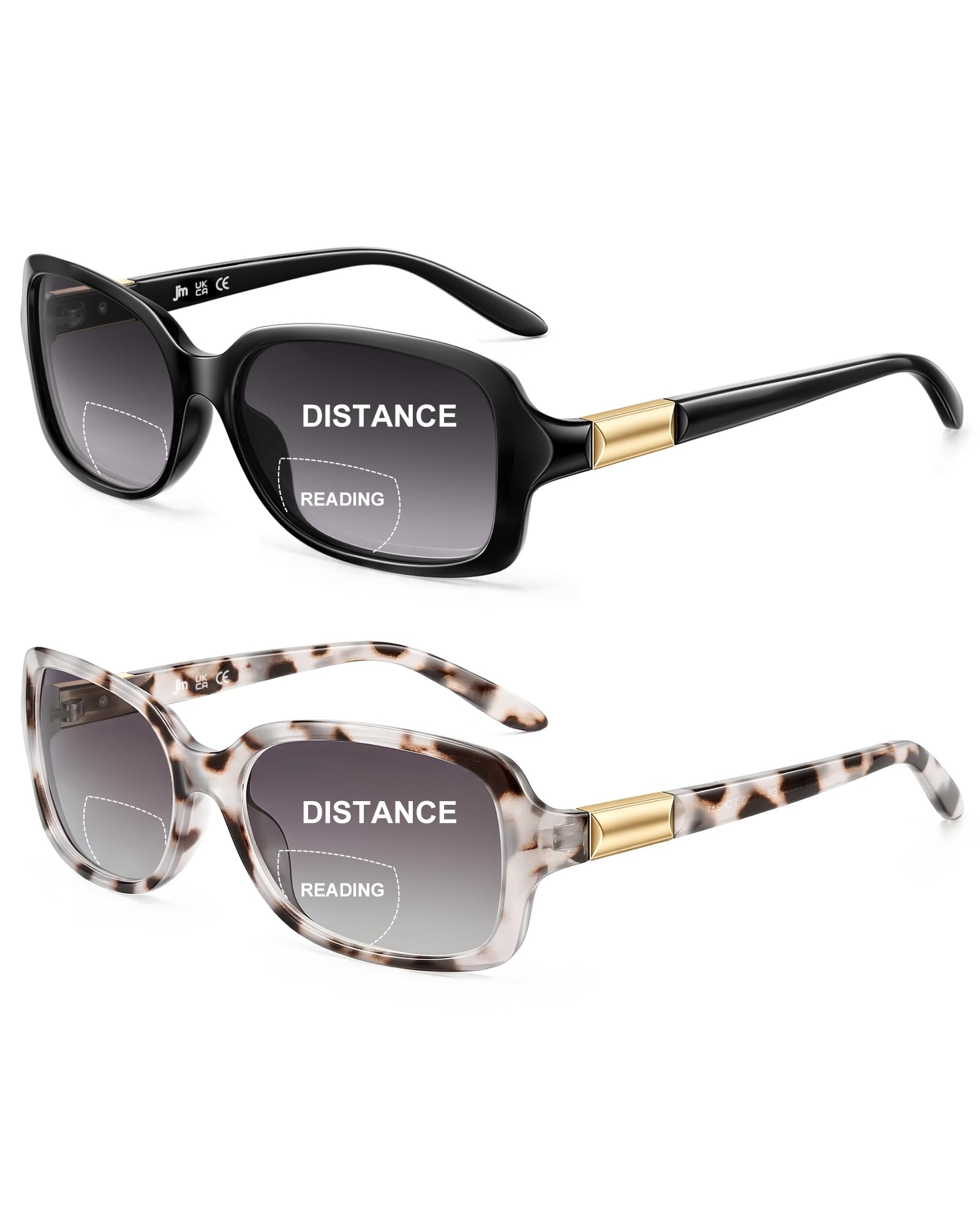 Jm Women's All Black+Grey Tortoise 2 Pack Classic Bifocal Reading Sunglasses Rectangular Stylish Sunglasses Readers For +1.75 All Black&Grey Tortoise