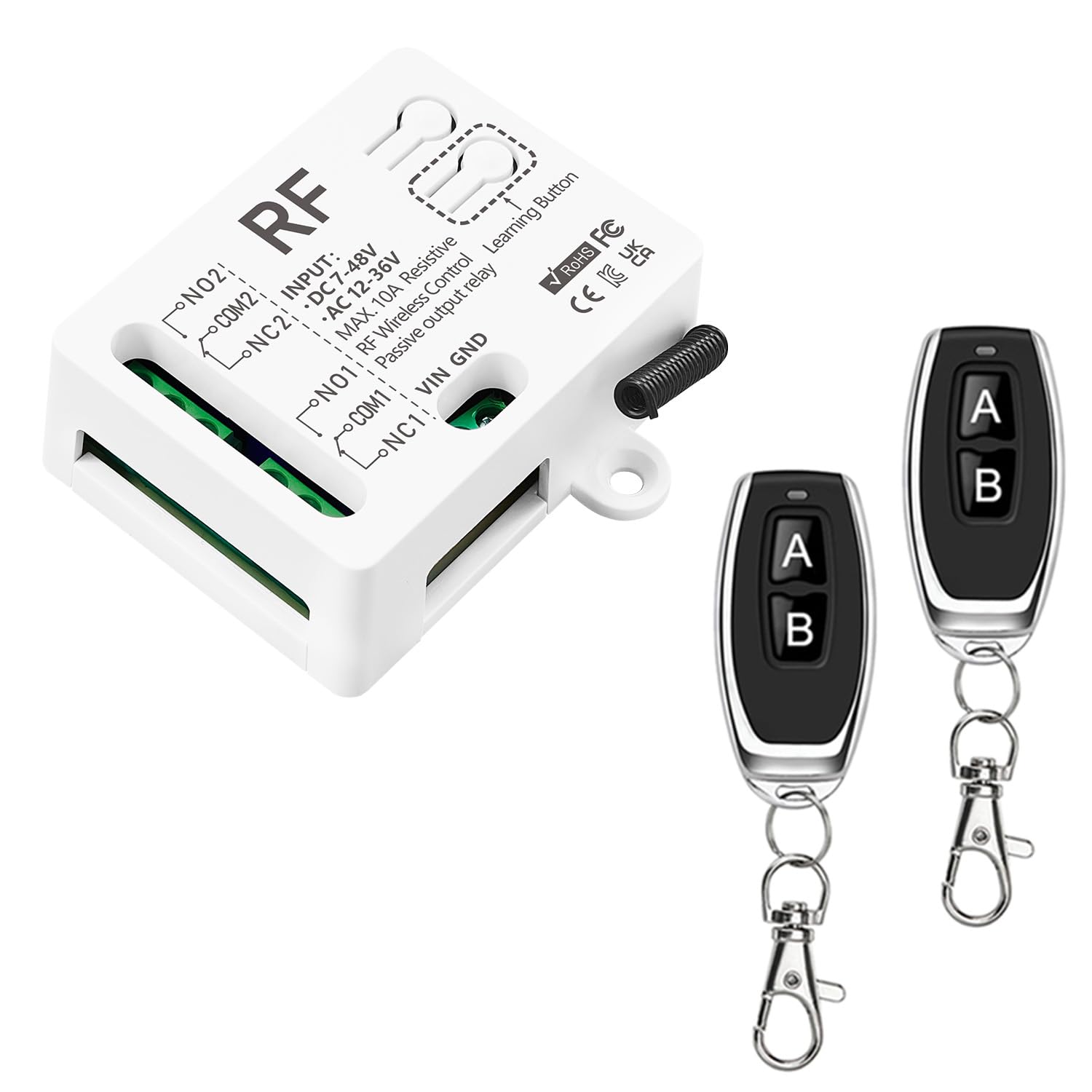433MHz RF Radio Remote Control Switch with 2 Transmitters DC 7V 12V 24V 36V 48V AC 12V 24V 36V 10A 2 Channel Relay Receiver for Electric Curtain, Garage Door, Engine Light, Radio Control-picture-11