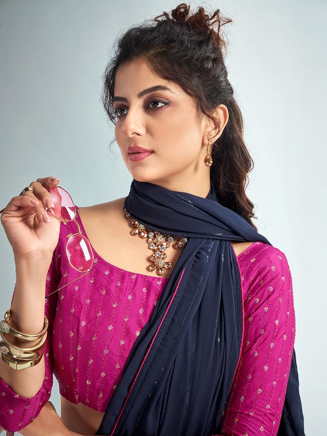 Satrani Women's Georgette Sequence Work & Piping Border Saree With Unstitched Blouse Piece (3475S708N_Navy Blue)