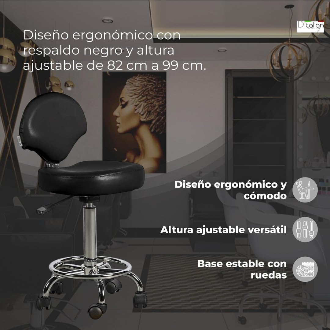 Italian Design - Taburete Ferrara con Respaldo Negro - Ajustable en Altura - Diseño Ergonómico - Tapizado en Cuero Sintético - Base Estable con Ruedas Giratorias - Ideal para Entornos Profe