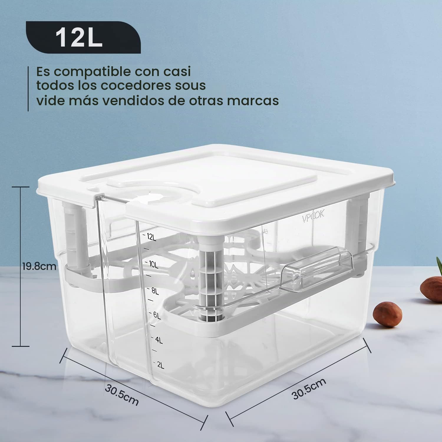 Contenedor de cocción al vacío a baja temperatura con 1 tapa y 1 rejilla, 12 L, recipiente para termoinmersión adecuado para cocinar al vacío de varias marcas