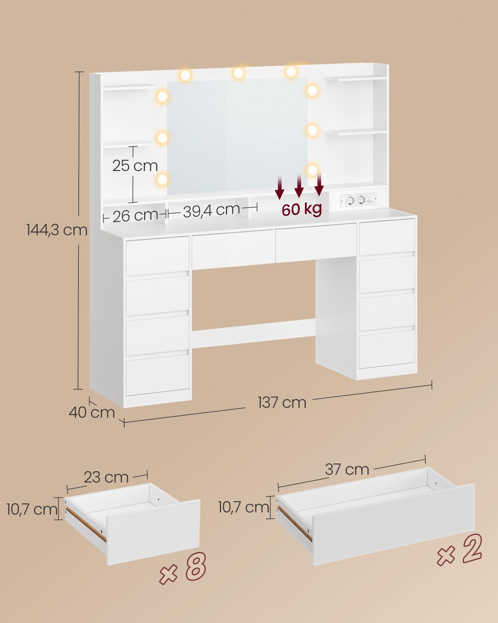 VASAGLE Coiffeuse avec Miroir et LED, 10 Tiroirs, Station de Charge