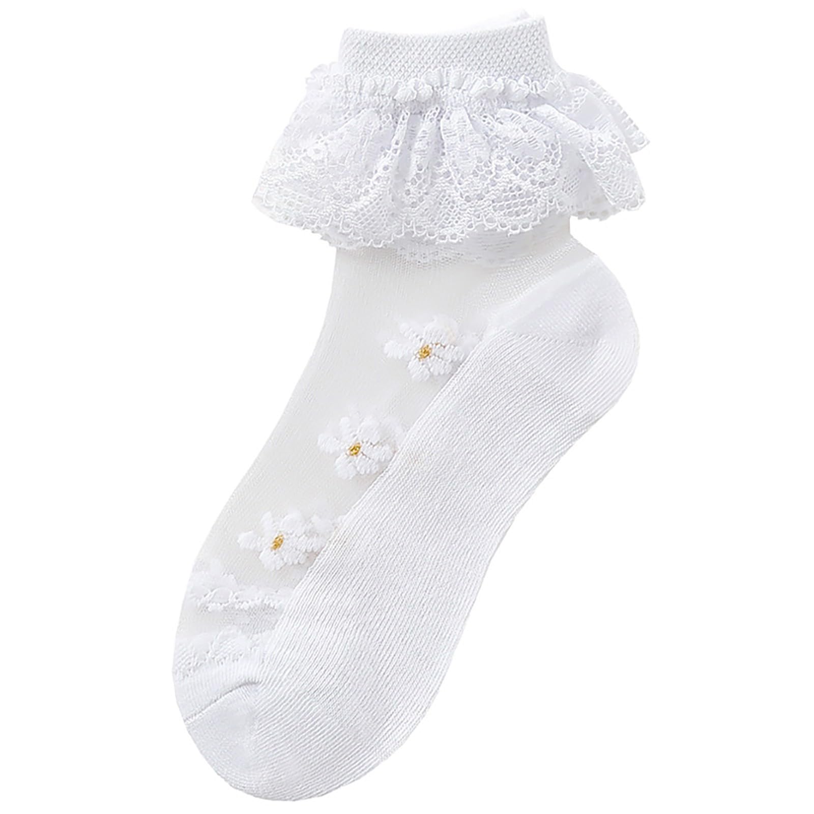 Baby Girls Socks Thin Lace Floral Print Socks Kids Toddler Non Slip Ruffle Socks Infant Socks Summer (White, 7-9 Years)