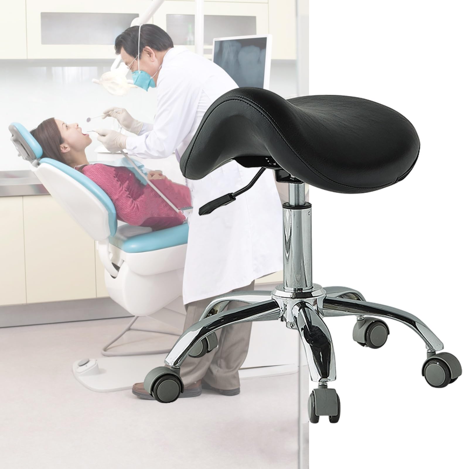 Medical Wheels Sattelhocker, 49–64 cm, hydraulischer Salonstuhl für Zahnarzt, leicht gleitender Rollhocker, ergonomisches Design