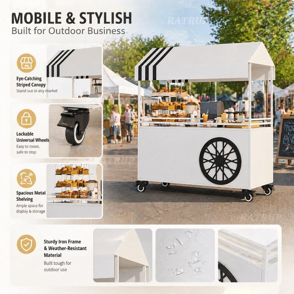 Portable Cart with Canopy, Outdoor Vendor cart, Mobile Food Display Stand with Lockable Wheels for Market, Street Food & Events (Black)
