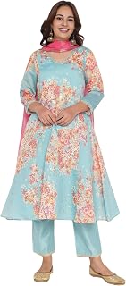 W for Woman Blue Printed Chanderi Flared Kurta, Straight Pant and Dupatta Set