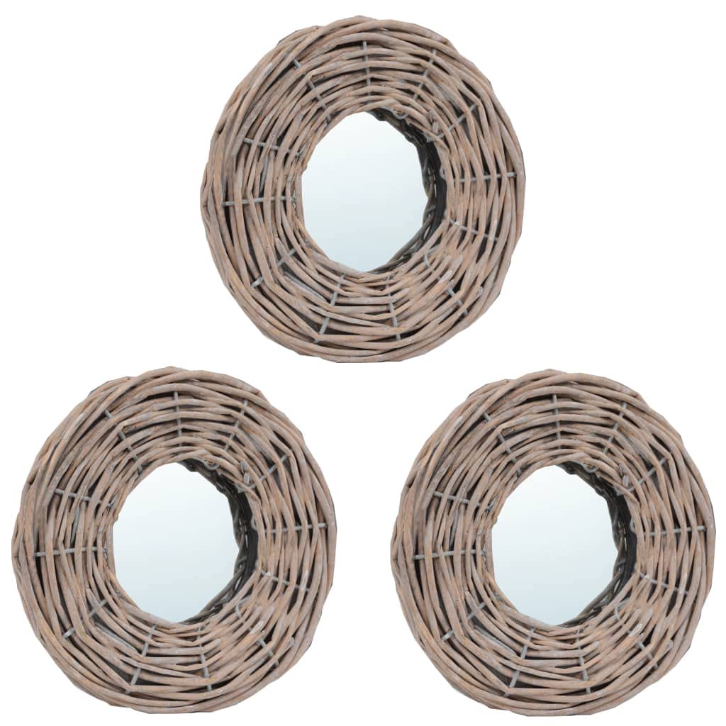 Set di 3 specchi da parete con cornice in vimini, diametro 15 cm, per bagno, corridoio, camera da letto, con accessori per montaggio a parete e decorazione vintage