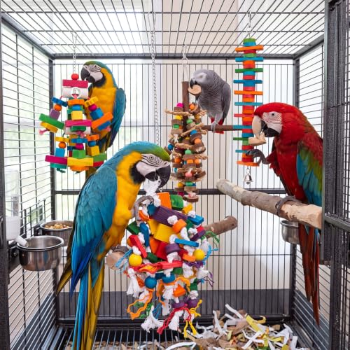 Image of Seenelling 6 Pcs Extra Large Bird Toys for Parrots, Block and Ball | Multicolored Natural Wooden Blocks & Beads Bells, Bird Cage Chewing Toys for Large Medium Macaws African Grey Cockatoos