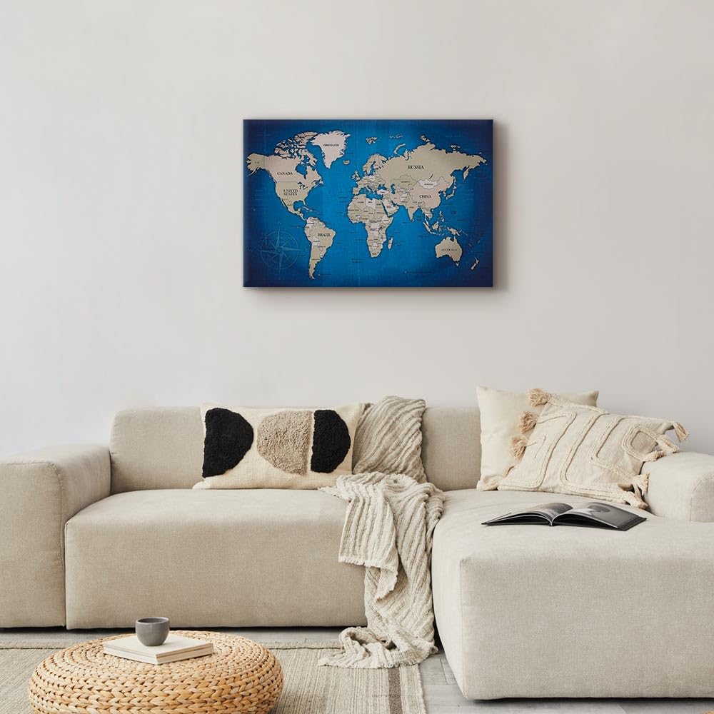 B&D XXL - Quadro Moderno Acustico per Soggiorno, Mappamondo, 90x60 cm