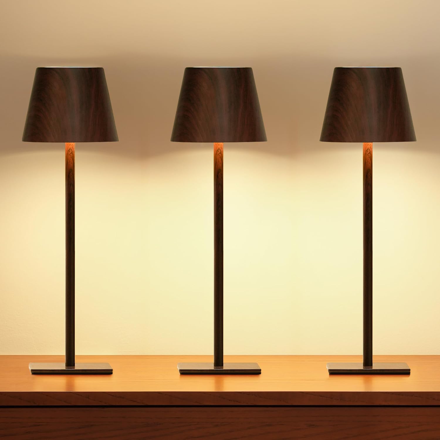 UME 3 Pack Cordless Table Lamp, Battery Operated Lamp - Portable Waterproof Rechargeable Table Lamp w/ 3 Color Temps &amp; Stepless Dimming for Dinner, Desk, Cafe, Outdoor (Woodgrain)