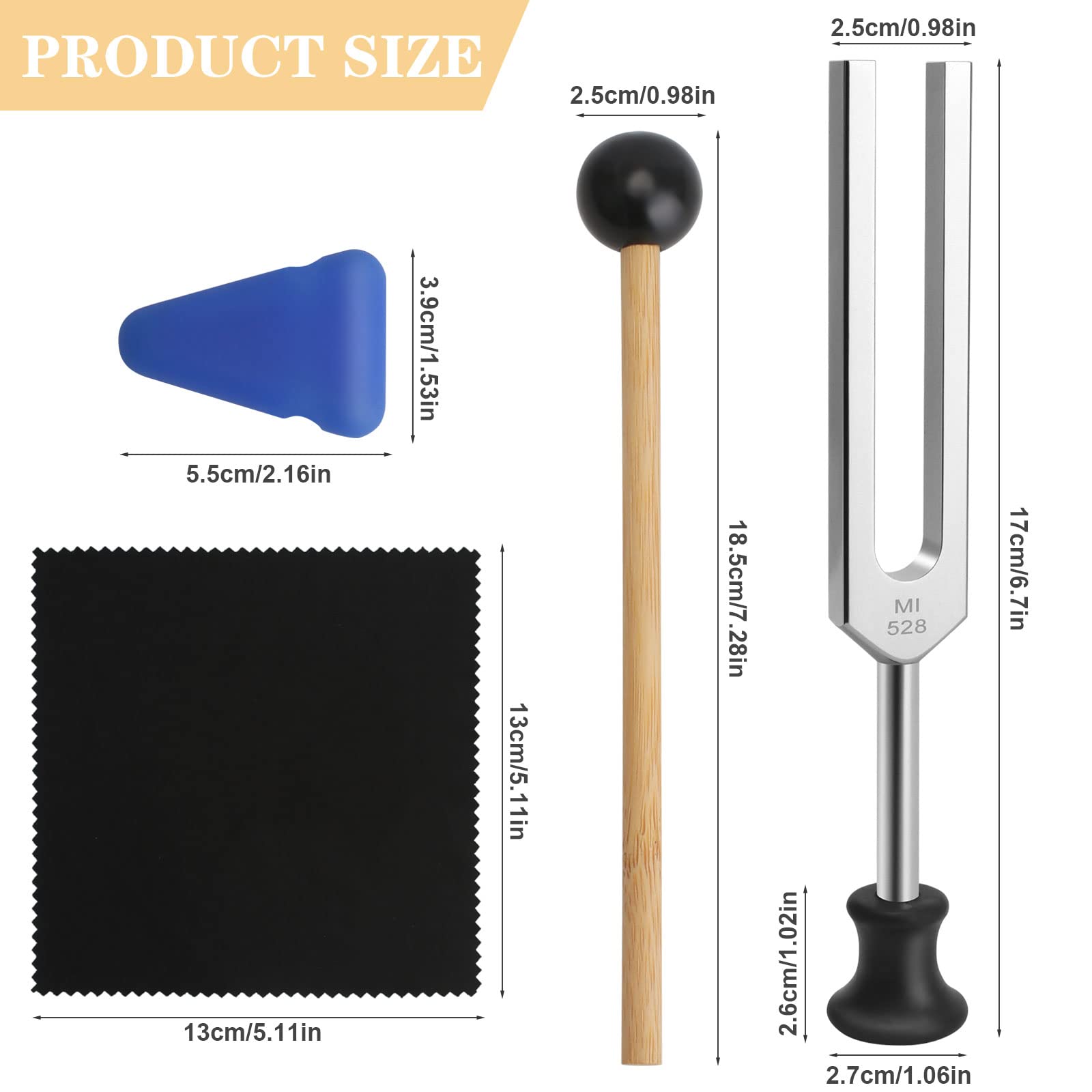 Diapason Musical, 528hz Diapasón de Aluminio con Martillo + Goma Triangular + Base + paño de limpieza + Bolsa de Almacenamiento, para Terapia de Sonido, Yoga, Meditación/Instrumento Afinador