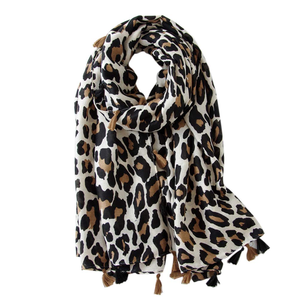 SouditturWomen's Winter Pashmina Shawl Cotton Leopard Print Long Scarves, beige,