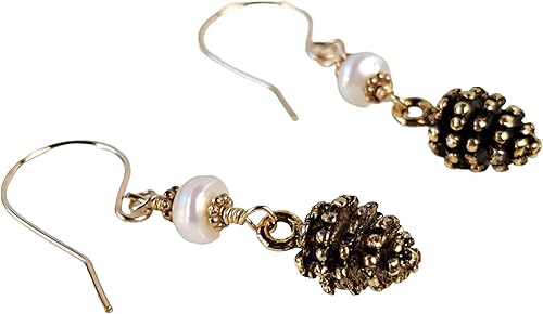 Aretes colgantes de piña y perlas de agua dulce con alambres hechos a mano con relleno de oro de 14 quilates, joyería artesanal hecha a mano de la