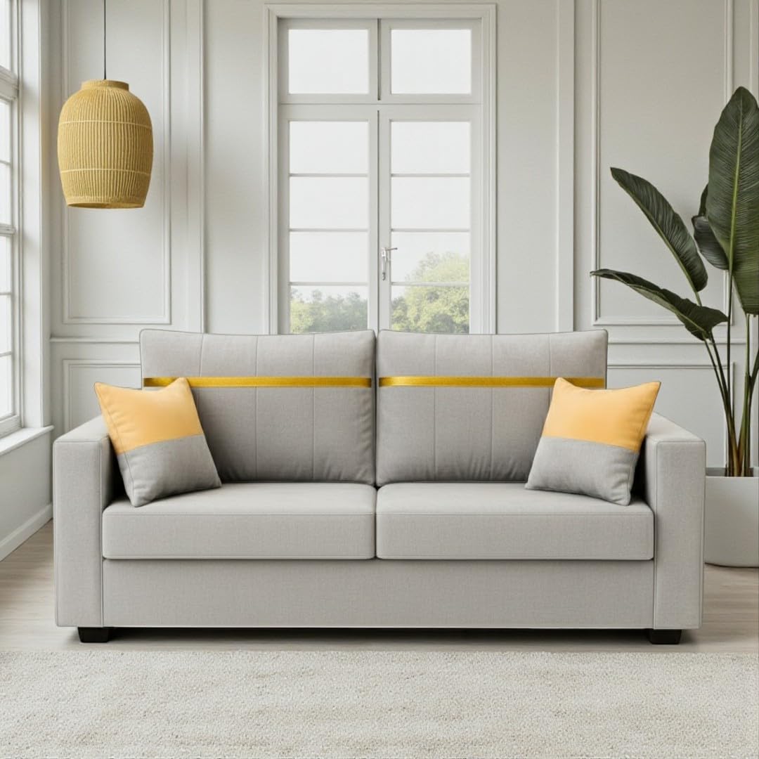 Stonvik 2 Seater Sofa Set | Soft Velvet Suede Fabric | Modern Design | Plush Comfort Cushions for Living Room (Light Grey, Gold Stripped Cushion)