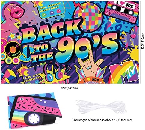 DPKOW Large Back To The 90's Banner for 90s Party Decoration, 90s Retro Indoor House Decoration, 1990s Birthday Party Photo Backdrop Decoration, Colorful 90s Party Decoration, 195 x 110cm