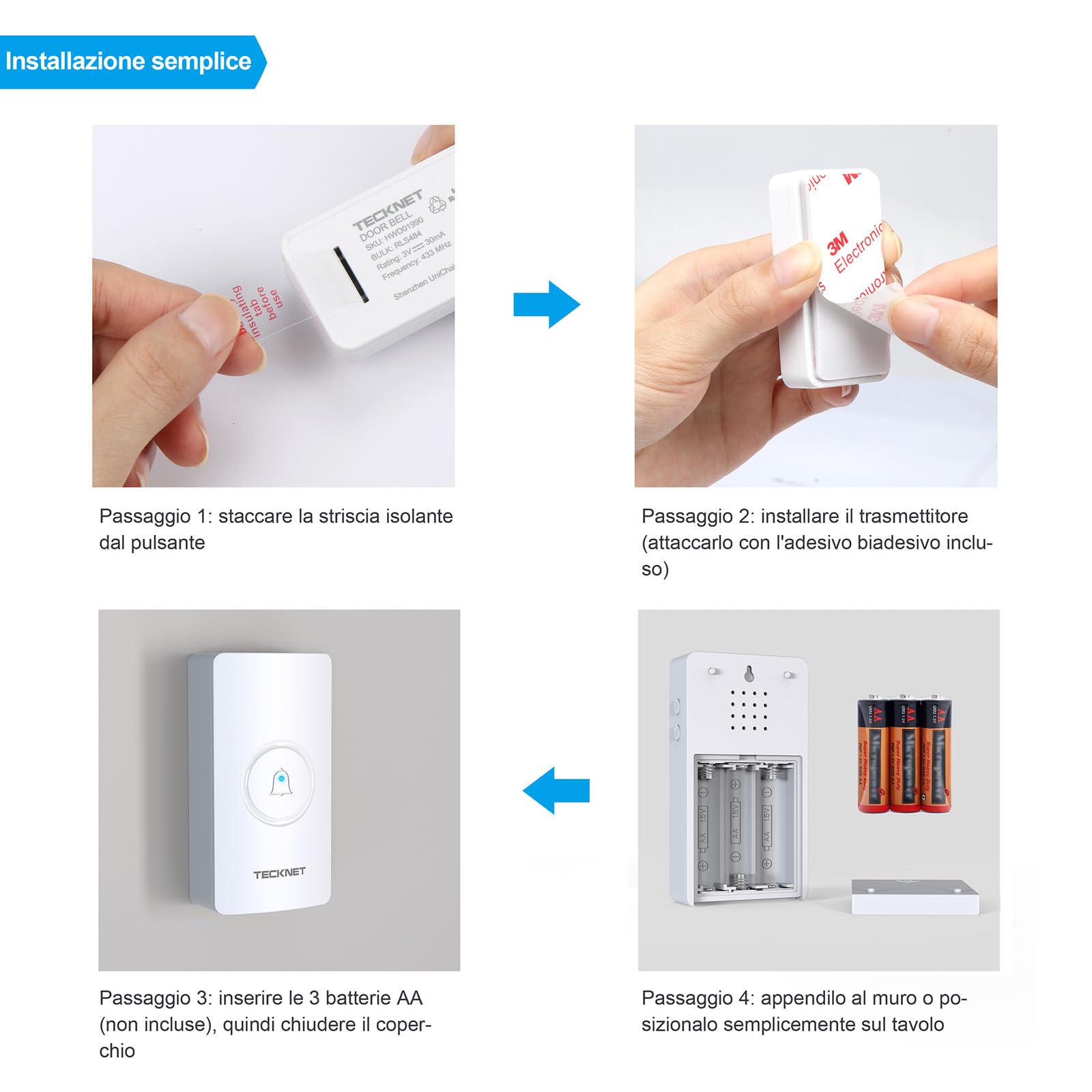 TECKNET Campanello Senza Fili, IP67 Campanello Impermeabile, 400M Campanello Senza Fili da Esterno, Kit Campanello Wireless Che Include 3 Ricevitore 1 Trasmettitori,5 Livelli di Volume e 60 Melodie