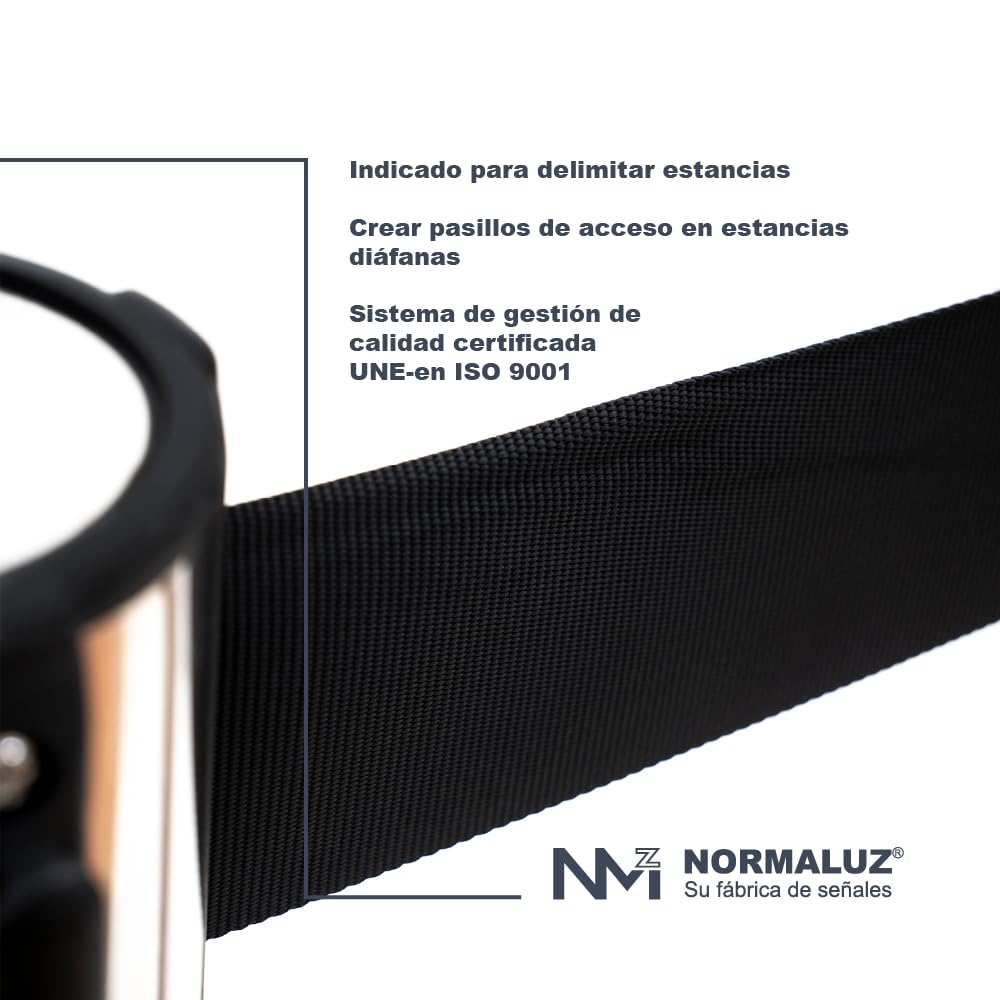 Normaluz BA50190 - Señalización Divisora Homologada Poste Separador Negro Con Cinta De 2 Metros Color Negro Acero Inoxidable 910x51x320mm