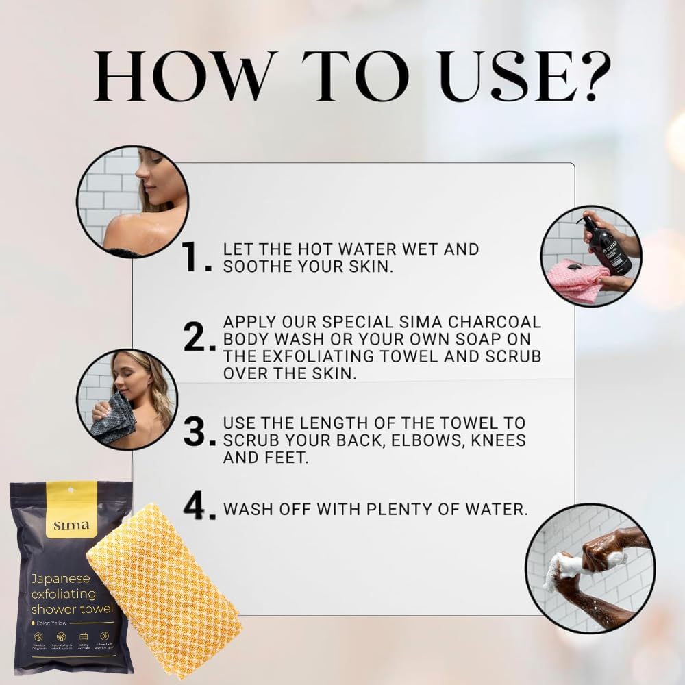 Exfoliating Washcloth Face & Body Scrub Towel - Japanese Exfoliating Towel with Hexagon Fibers, Body Scrubber with 2 Sides for Scrubbing & Washing, Extra Long Body Towels (Yellow) - Image 6