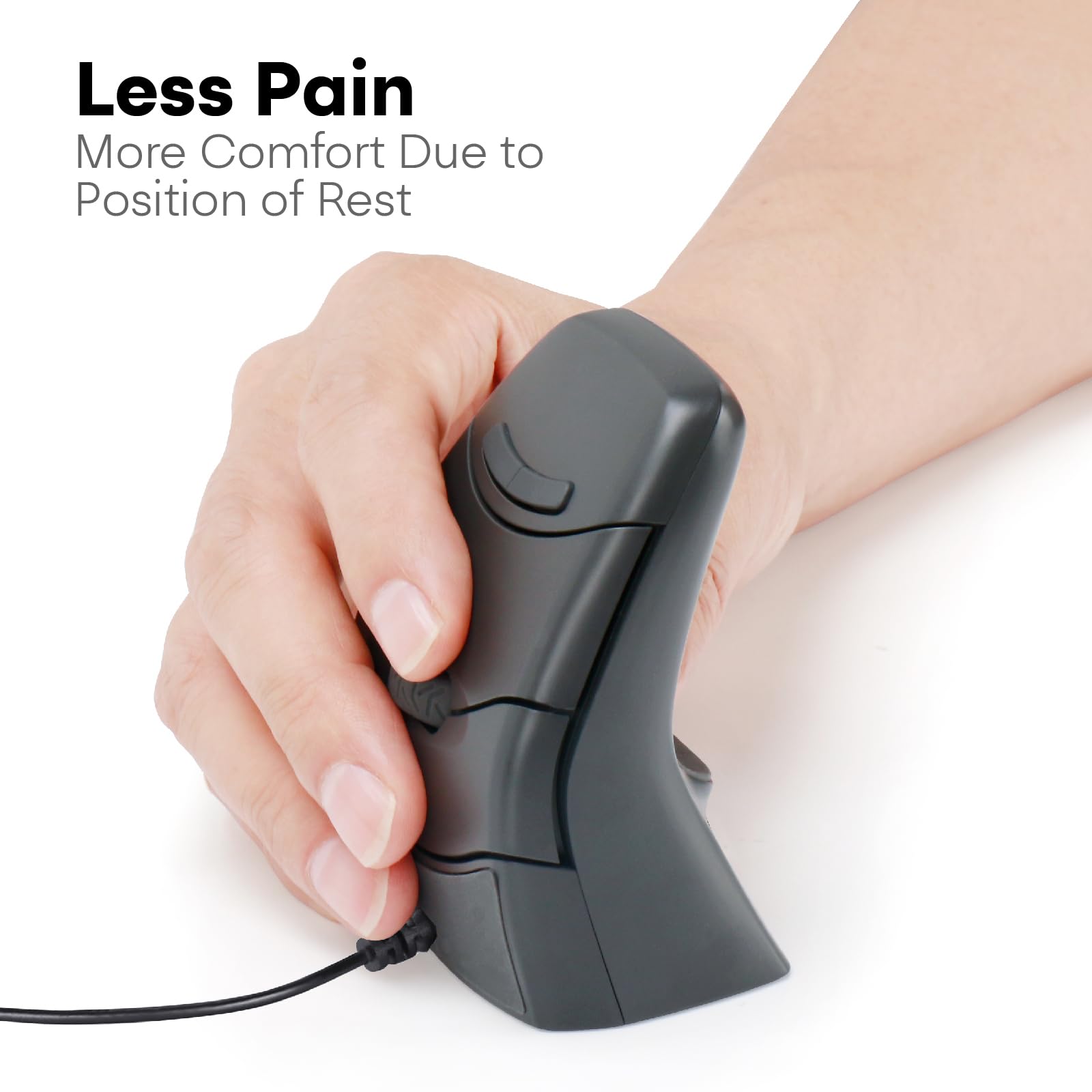 Ratón vertical ergonómico con agarre de precisión, con cable, diseño ambidiestro (negro)