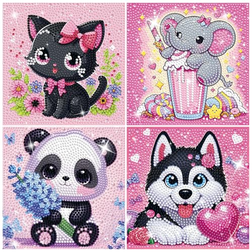 GIFOHAPY 4 Pack Diamond Art Kits for Kids 5D Cute Animal Diamond Painting Kit for Beginners Gem Art Crafts By Number for Boys Girls Ages 6-8-12-14 Home Wall Decor Gift 6X6 (XY312+283+308+211)