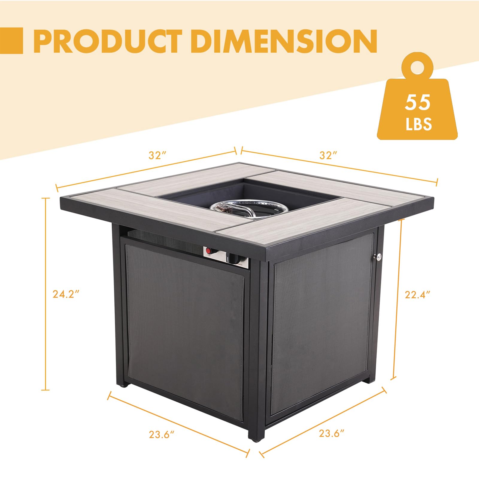 Mesa cuadrada para fogata de propano, 32 pulgadas, para exteriores, 50,000 BTU con mesa de azulejos de cerámica, tapa extraíble, rocas de lava para patio exterior, jardín, terraza, patio 3
