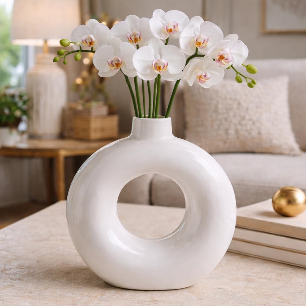 6-inch Glossy Ceramic Donut Vase | Handcrafted Premium Round Flower Vase for Home Decor, Living Room & Office | Ideal for Gifting & Decor