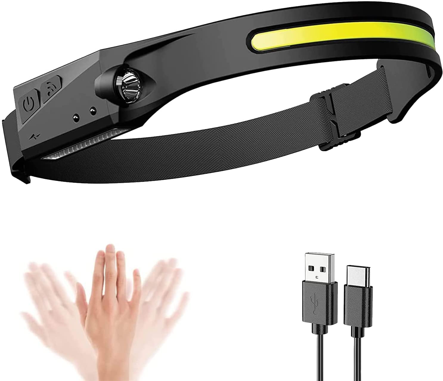 LED Headlamp with All Perspectives Induction 230° Illumination, 350 Lumens, 2 in 1 Lightweight Head Lights, Weatherproof, Type C Rechargeable Head Lamp for Running Camping, Sensor Outdoor Headlight