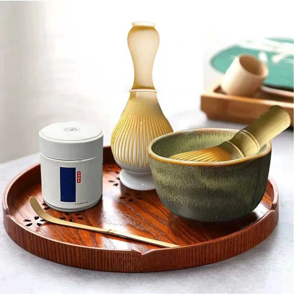 Matcha-Schneebesen-Set 7-teilig – Bambus-Schneebesen, Schaufel, Keramikschale (500 Ml), Sieb, Pulverbehälter & Ständer