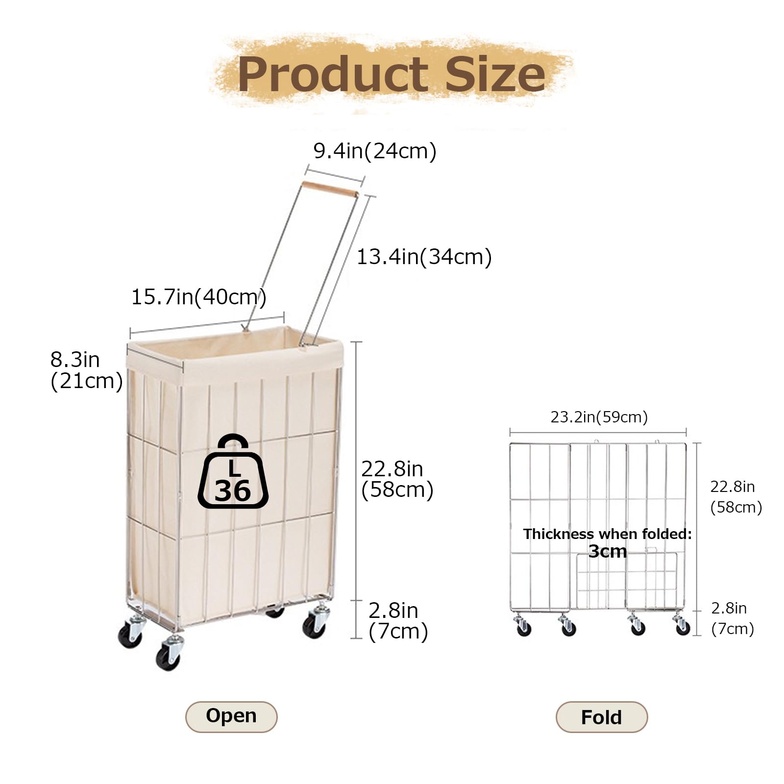 Cesto de Ropa con Ruedas Estrecho 40×21×65 cm, Beige