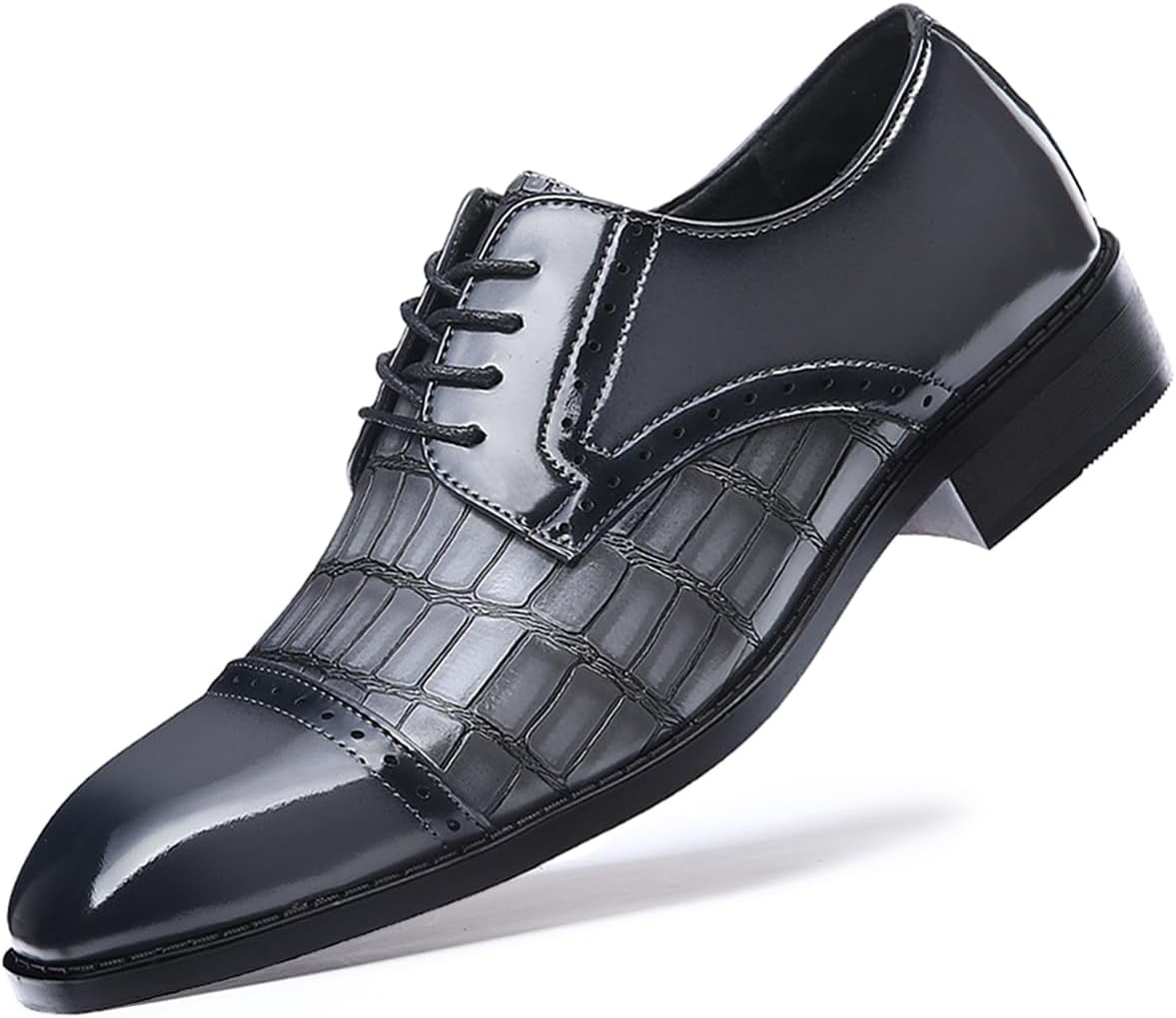 Mens Vintage Crocodile Print Business Casual Oxfords Derby Formal Square Cap Toe Dress Shoes for Men