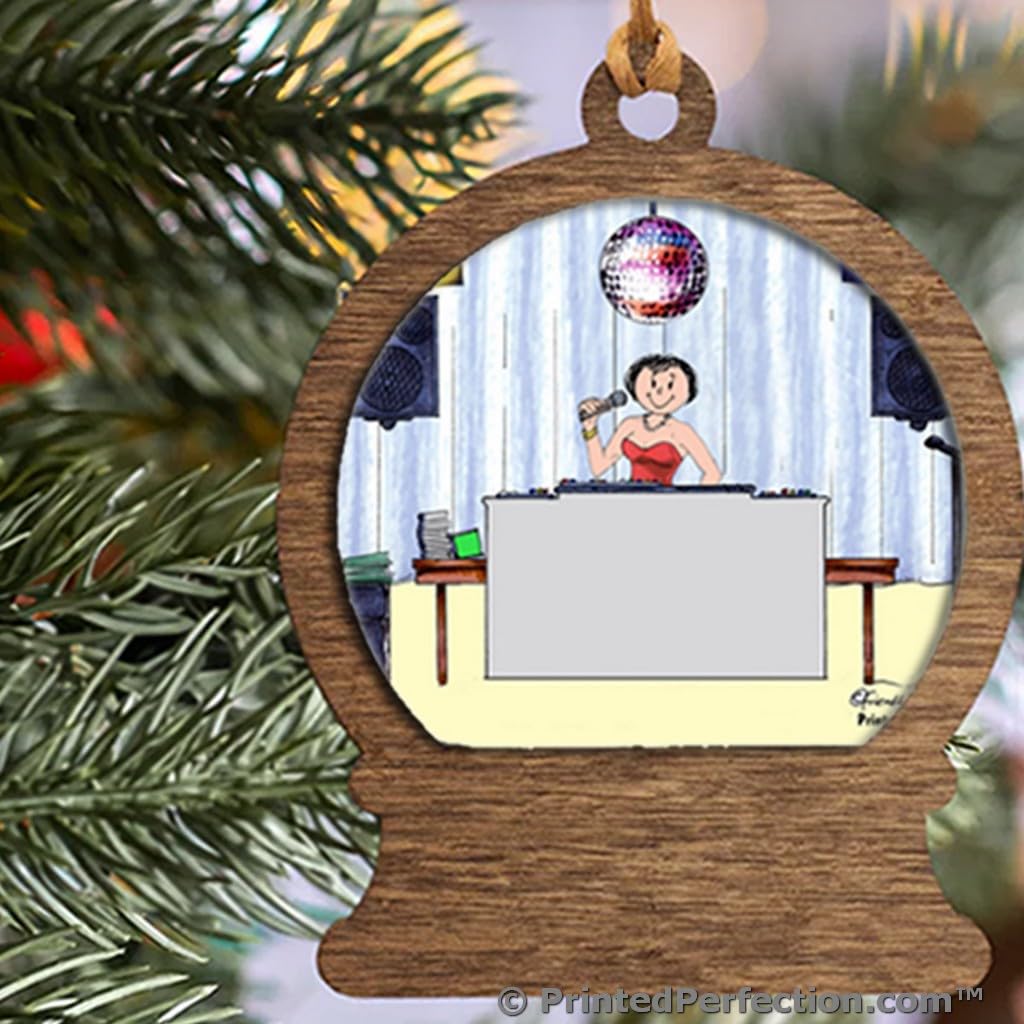 PrintedPerfection.com Personalized Disc Jockey/MC - Female Wooden Snow Globe Shaped Christmas Ornament