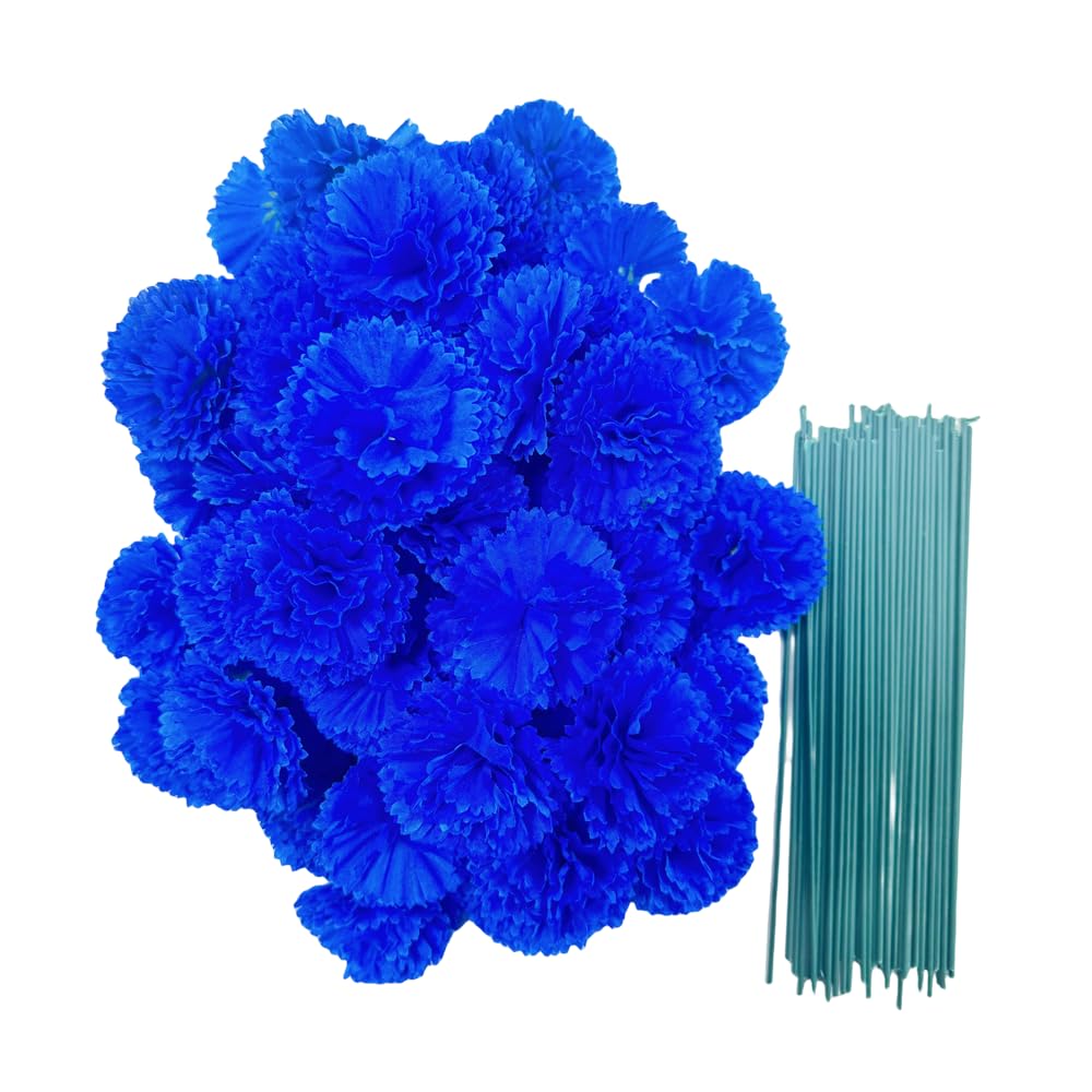 50 Artificial Silk Flower Carnation Head with Stems Set,Vase Fillers,2" Marigold Flower Heads for Diwali Home Decor Day of The Dead Wreath Garland Cake Ornaments (Royal Blue)