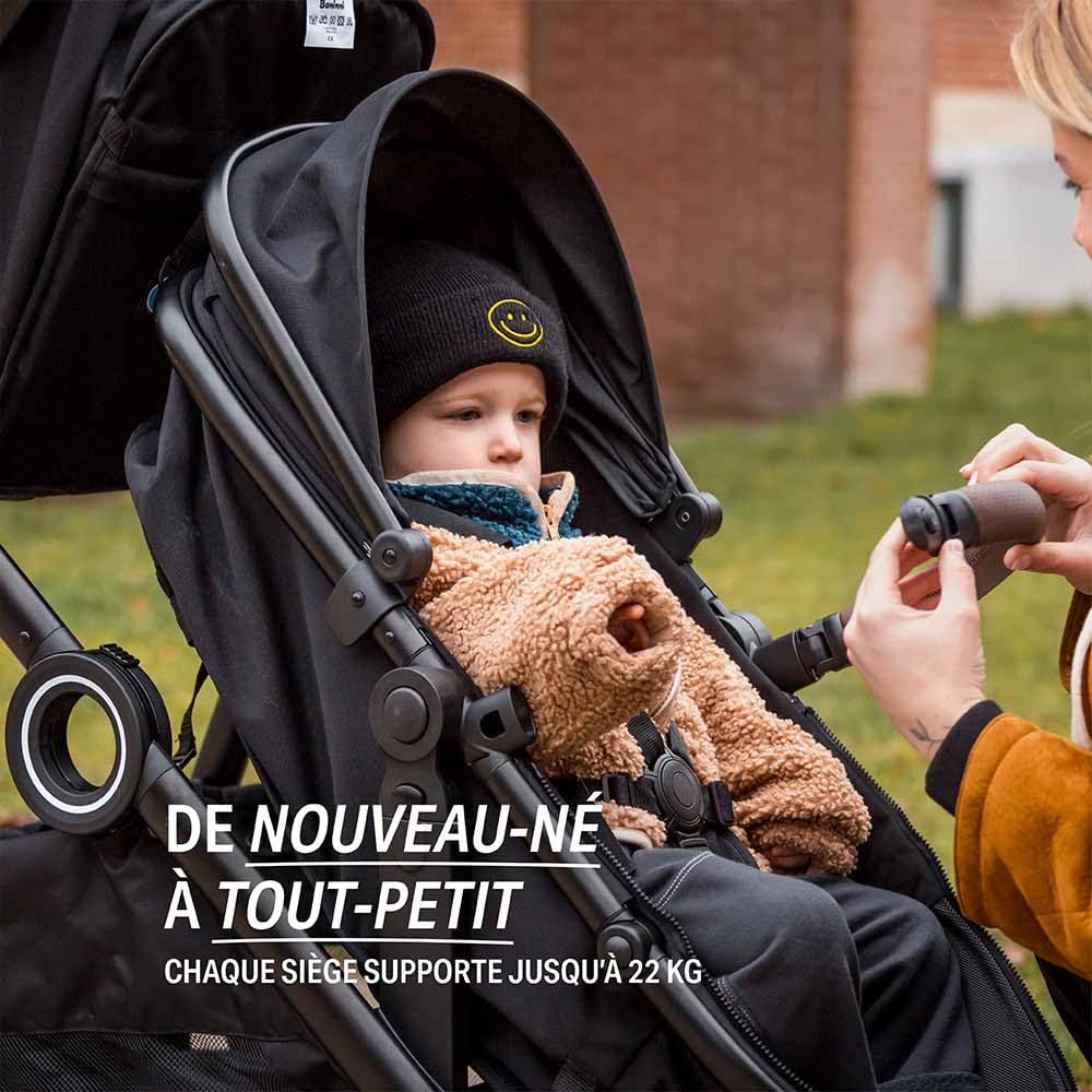 Baninni Luiz XL Poussette Double Compacte – Solution Innovante Sièges Extra Larges- Pour Jumeaux ou Enfants Rapprochés - Assises convertible en nacelle,Dossiers Inclinables, Roues PU- dès la Naissance