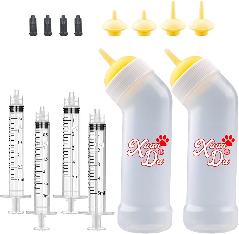 Kit de Amamentação para Gatos e Pequenos Animais Xuanda com Mamadeiras Anguladas, Seringas e Bicos de Silicone – 60 mL