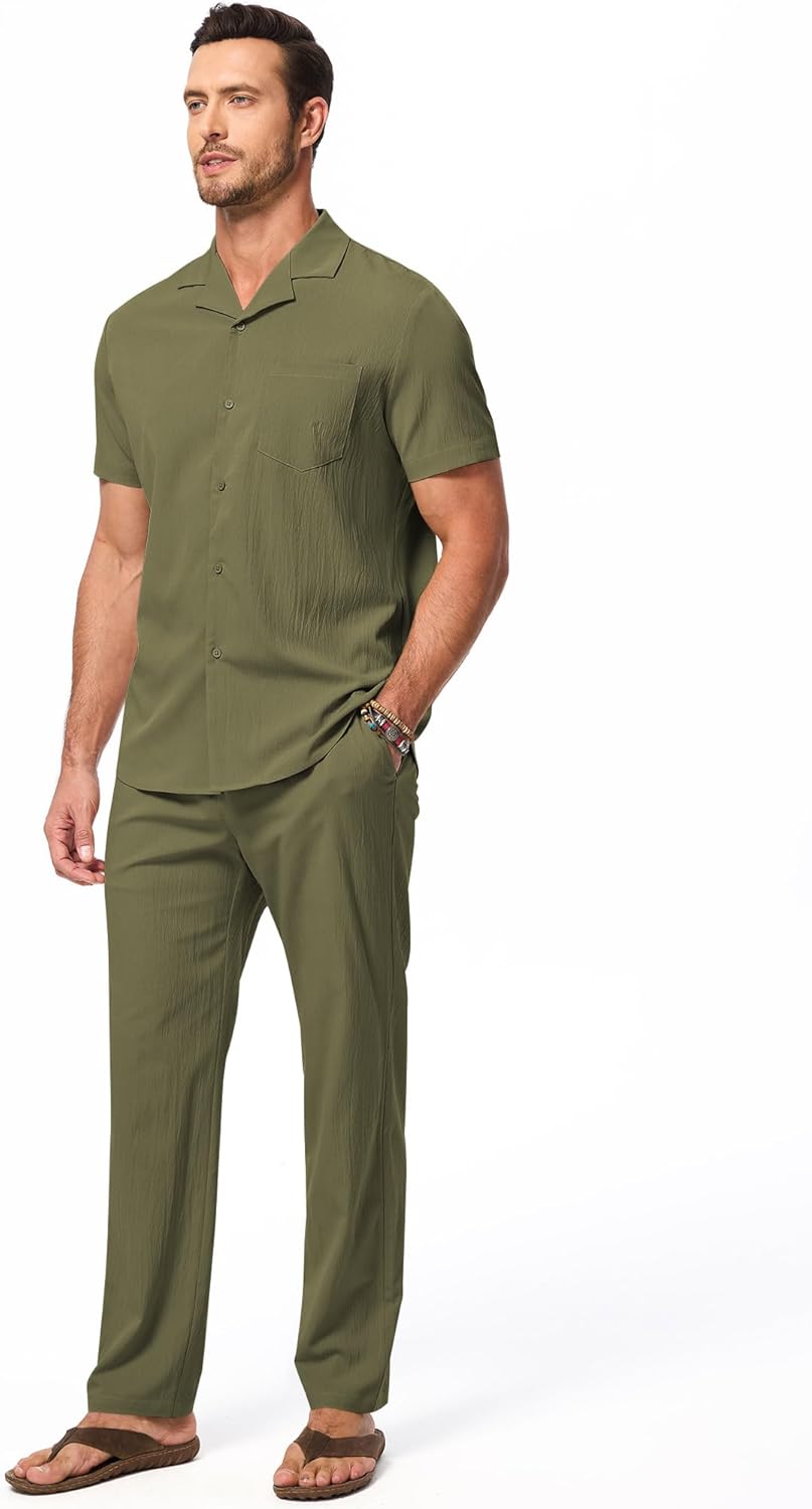 JMIERR Men 2 Piece Outfit Short Sleeve Lightweight Beach Button Down Shirt Casual Pant Sets with Pocket - Image 6