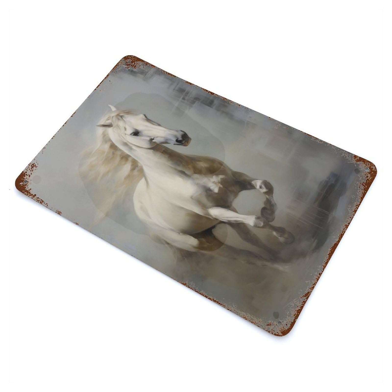 White Horse Running Rusty Metal Tin Sign 11.8"x7.9", Shabby Chic Decor for Garage, Bar And Workshop Decor