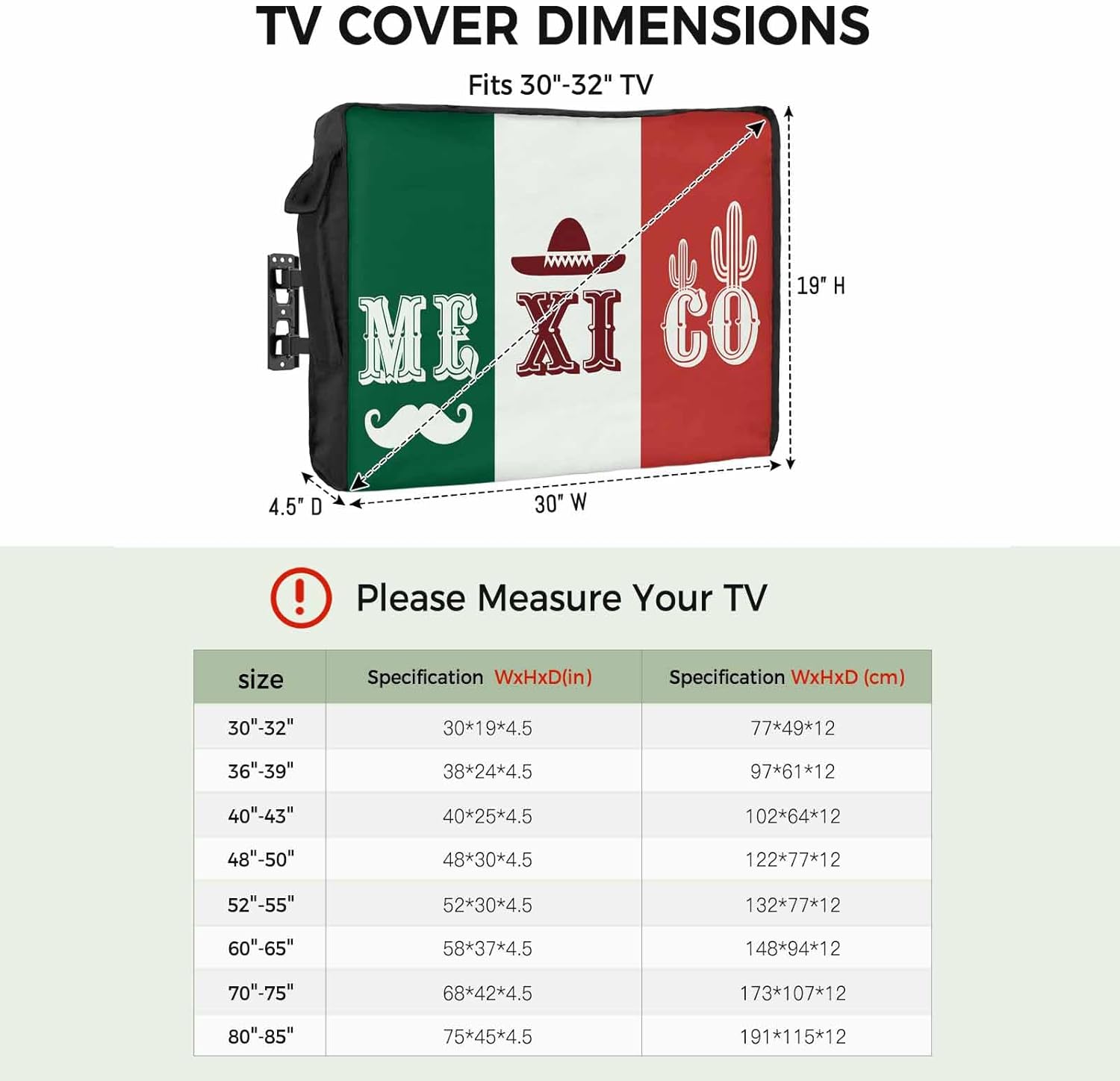4th of July Outdoor TV Cover 75 Inch Mexican Flag TV Enclosure Independence Day Mexico Cactus Beard TV Covers for Outside Holiday TV Display Screen Protector with Remote Control Pocket