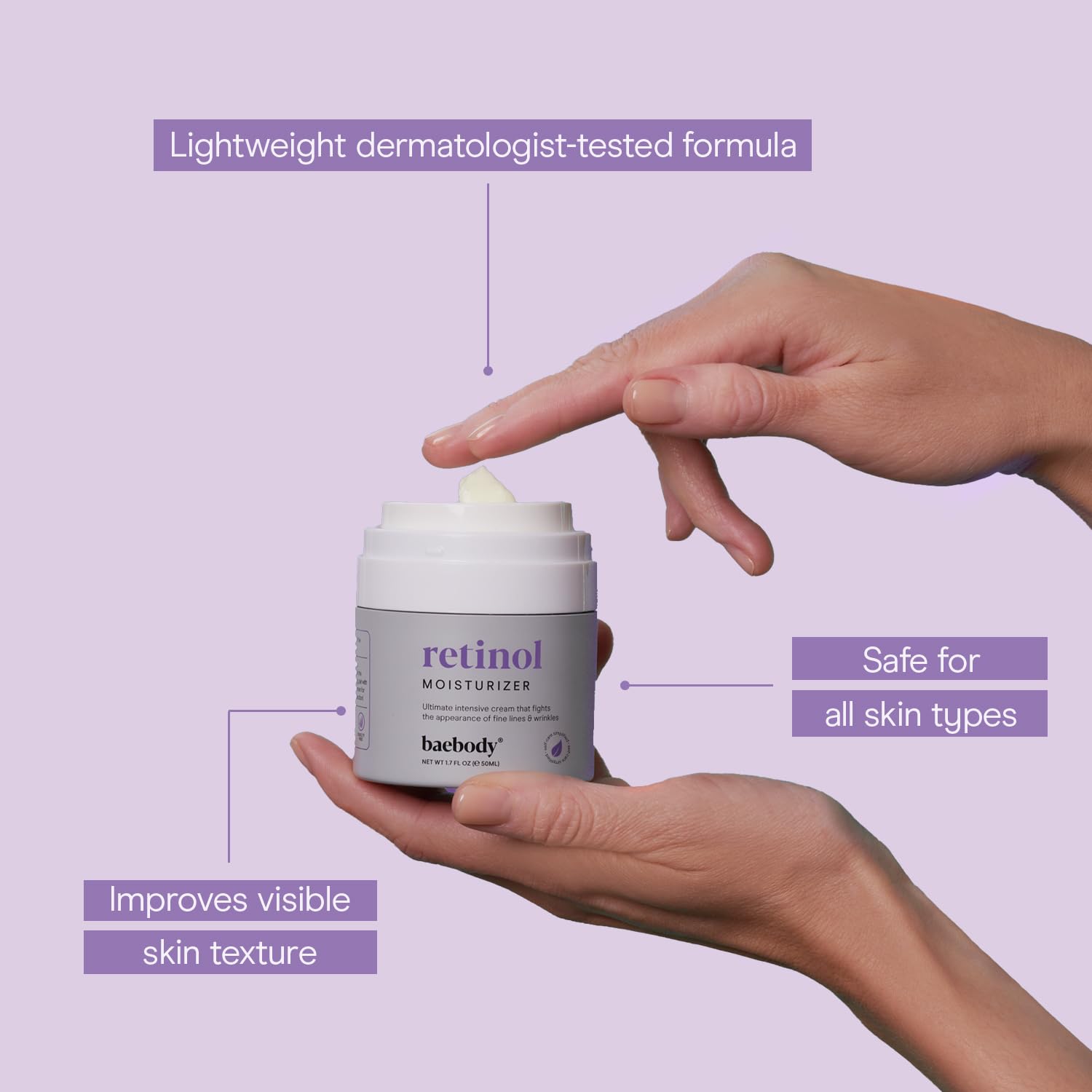 Baebody retinol crema hidratante con retinol, aceite de jojoba y vitamina e, 1,7 onzas | Crema facial antienvejecimiento para líneas finas y arrugas, regalos de belleza para mujeres (50 ml)