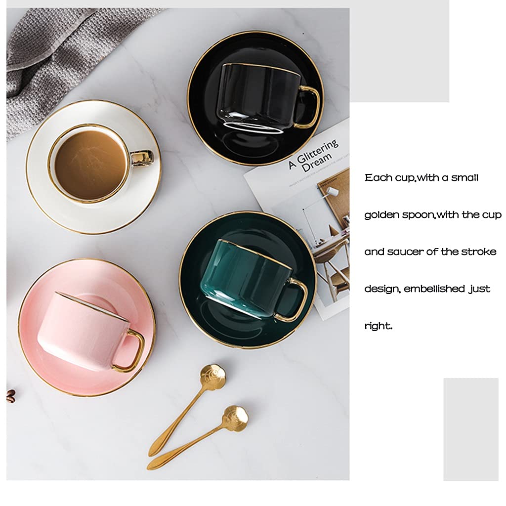 Taza de Porcelana Fina, Taza de Porcelana y Conjunto de Platos, Taza de café, Negro, 8,5 onzas para Bebidas de café, café con Leche, café, Moca y té, Taza de té de Mano Dorada con platillo